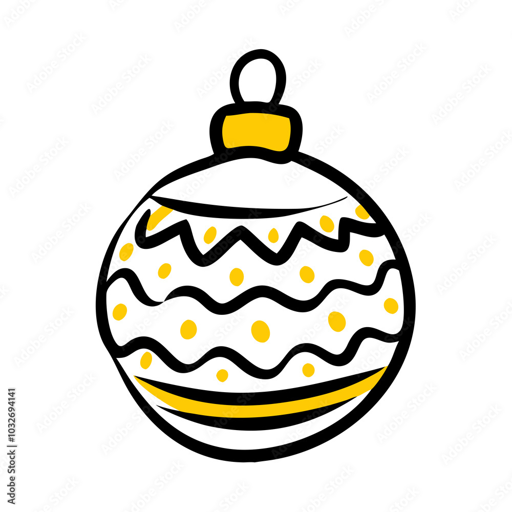 Christmas bauble white and yellow design with wavy black lines Christmas bauble white and yellow design with wavy black lines