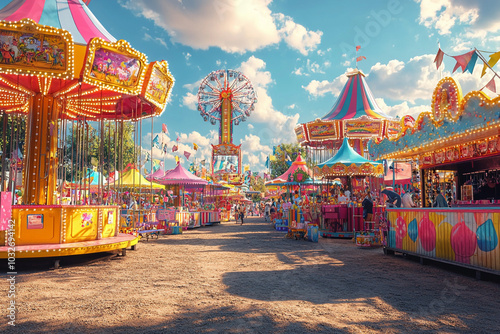Colorful carnival midway with rides and games on a sunny day