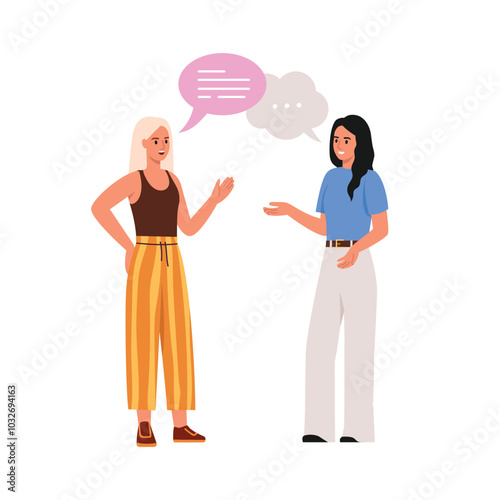 Vector illustration of a dialogue between two girls.Cartoon scene of two girls, a blonde and a brunette discussing something, dressed in stylish outfits isolated on a white background. Speech bubbles.