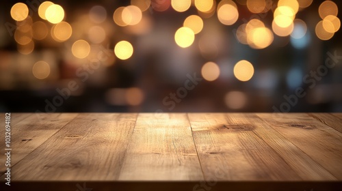 Warm Wooden Table with Twinkling Lights Background