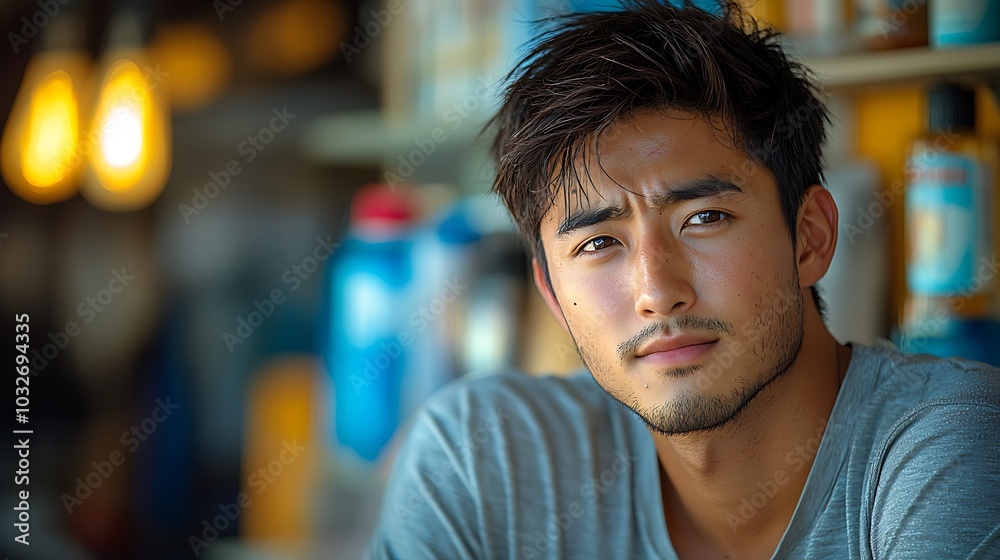 Young Asian man with a serious expression looking directly at the camera. Young Asian man with a serious expression looking directly at the camera.