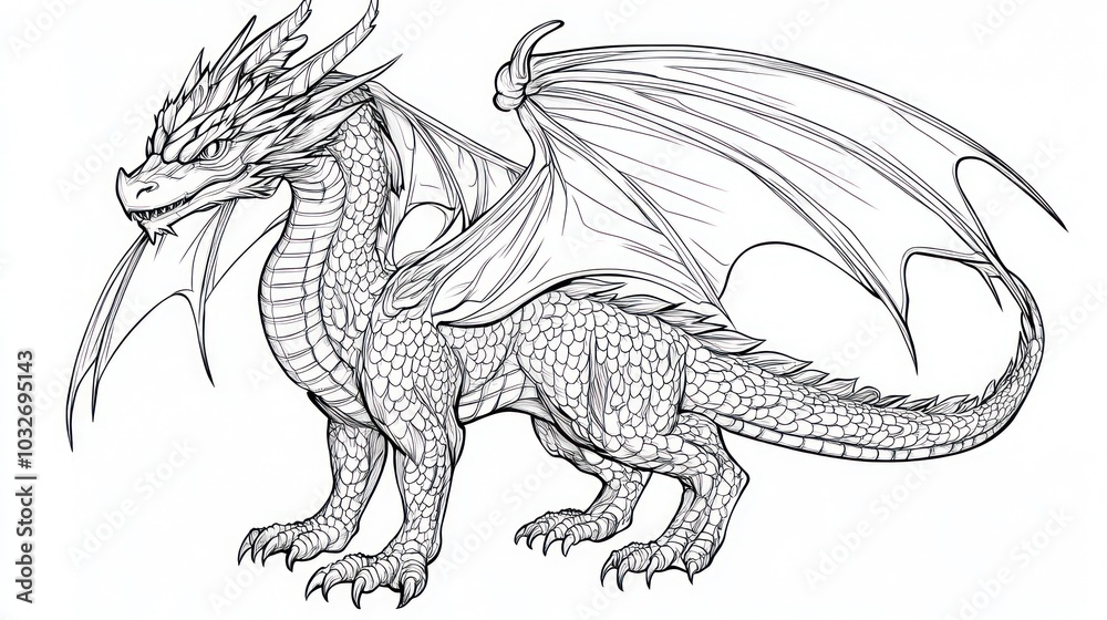 A detailed line drawing of a dragon with wings, showcasing its scales and fierce features. A detailed line drawing of a dragon with wings, showcasing its scales and fierce features.
