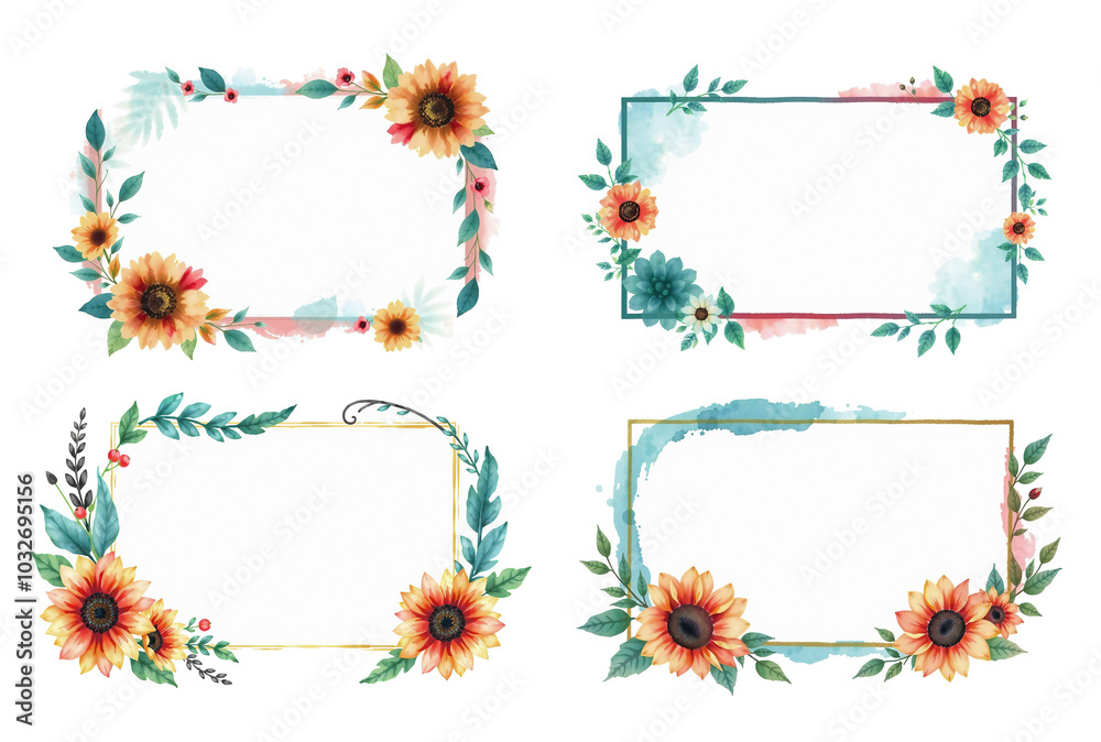 watercolor invitation frames with teal and deep red, sunflowers and abundant big leaves, brush stroke, paint style, isolated on white watercolor invitation frames with teal and deep red, sunflowers and abundant big leaves, brush stroke, paint style, isolated on white