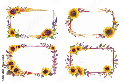 frames with dark yellow and deep purple, sunflowers and abundant leaves, ink style card, brush strokes, isolated