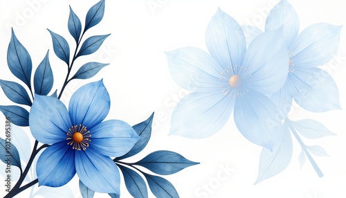 Sapphire blue and bronze flower on white background Sophisticated watercolor floral backdrop ideal for elegant greeting cards wedding invitations banners or posters with text space.