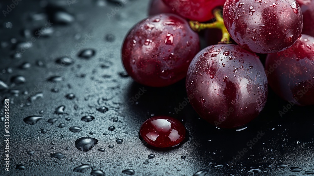 Close-up of red grapes with water droplets on a dark surface. Close-up of red grapes with water droplets on a dark surface.