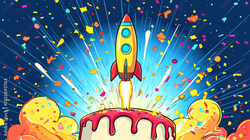 Fototapeta premium Celebrate with a giant rocket birthday candle launching off a colorful cake in a festive explosion of confetti