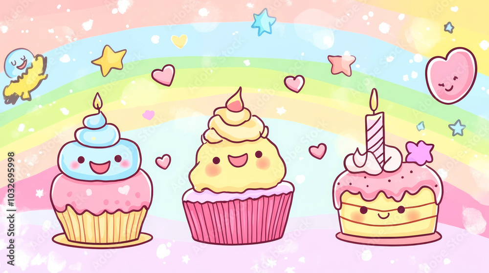 Cheerful kawaii birthday banner featuring adorable cakes and pastel rainbow background for a festive celebration Cheerful kawaii birthday banner featuring adorable cakes and pastel rainbow background for a festive celebration