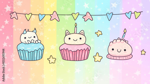 Whimsical happy birthday banner featuring cute kawaii characters and cheerful pastel rainbow designs