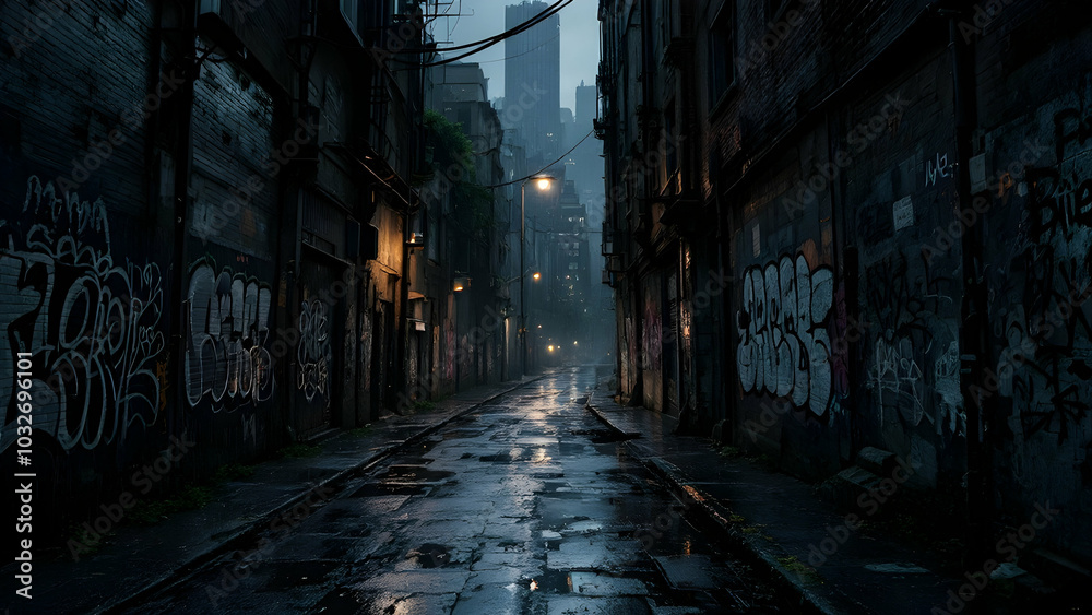 Dark Urban Alley with Rain and Street Lights Dark Urban Alley with Rain and Street Lights