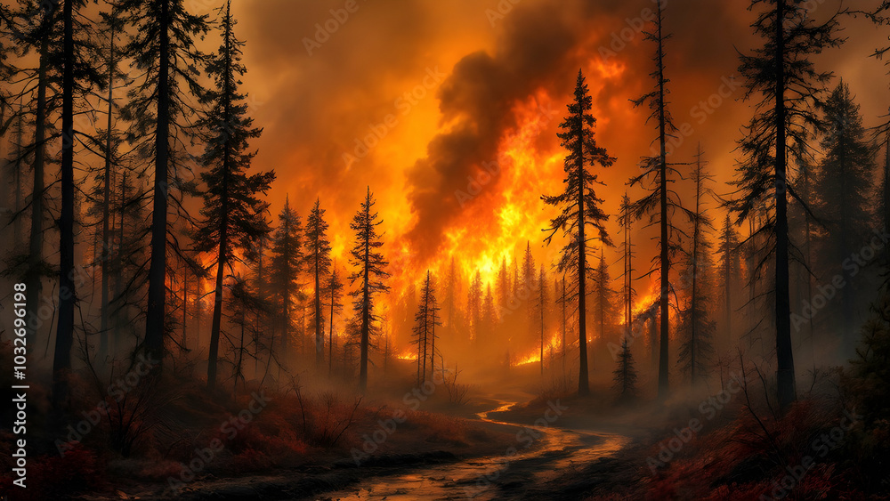 Naklejka premium Wildfire Blaze in Forest Environment at Dusk