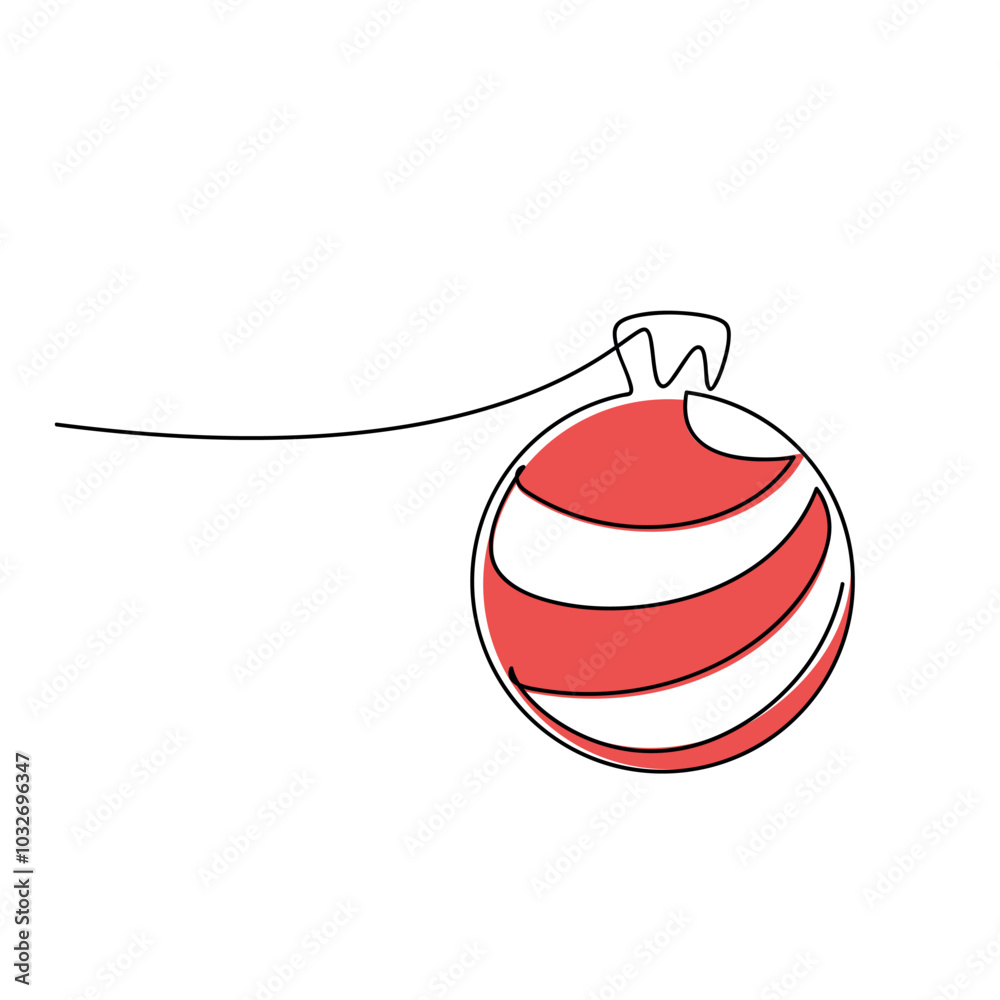 Hand drawn hanging Christmas tree red ball ornament. One line continuous drawing vector. Festive decor illustration, print, banner, card, poster, sign, symbol, ornament, winter holiday icon, cartoon Hand drawn hanging Christmas tree red ball ornament. One line continuous drawing vector. Festive decor illustration, print, banner, card, poster, sign, symbol, ornament, winter holiday icon, cartoon