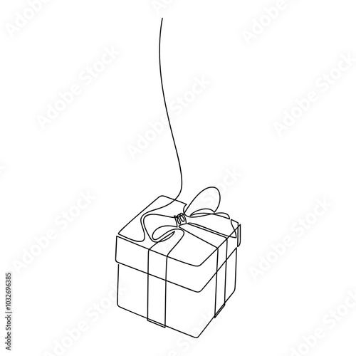 Hand drawn hanging gift box with ribbon bow vector icon. Christmas line continuous drawing. Festive illustration, print, banner, greeting card, poster, symbol, ornament, holiday decor birthday present