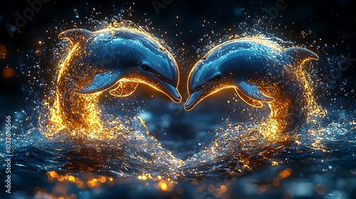 Two dolphins leap from the water, creating a heart shape with their bodies and the water. photo