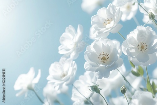 Spring Banner with White Flowers Against Blue Sky, Wild Roses in Full Bloom, High-Resolution Close-Up Photo with Copy Space