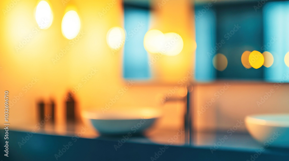 A softly illuminated modern bathroom with blurred reflections and muted colors creating a tranquil atmosphere