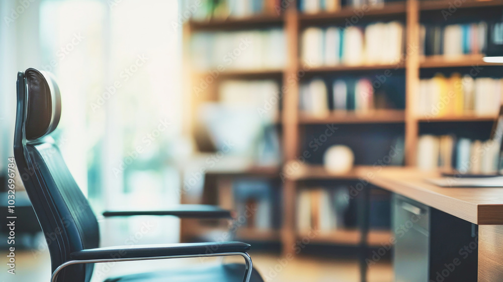 Abstract blurred view of a modern home office with a desk and chair in soft focus amid muted colors