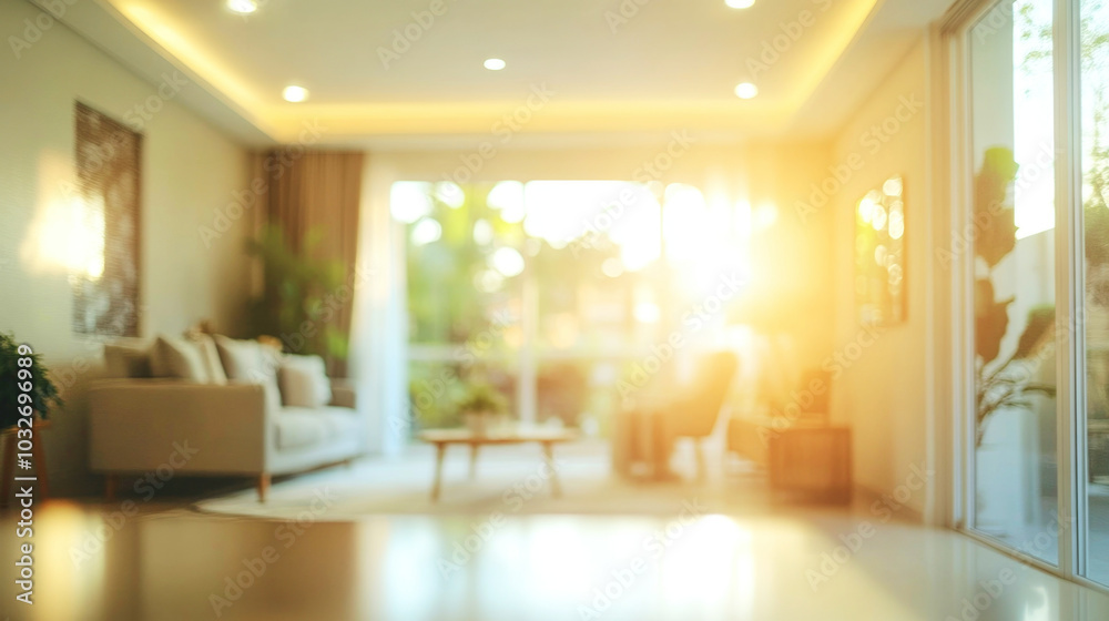 Fototapeta premium Bright and spacious living room filled with warm sunlight and modern furnishings in soft, neutral tones