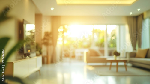 Bright and airy living room with modern furniture bathed in warm sunlight and soothing blurred ambiance