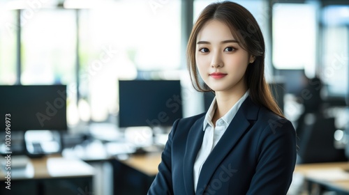 Portrait of beautiful Asian businesswoman. Confident female business manager in black suit looking into camera in modern office