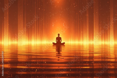 Abstract meditative figure surrounded by radiant golden light symbolizing transcendence spiritual awakening and cosmic connection in a glowing energy field