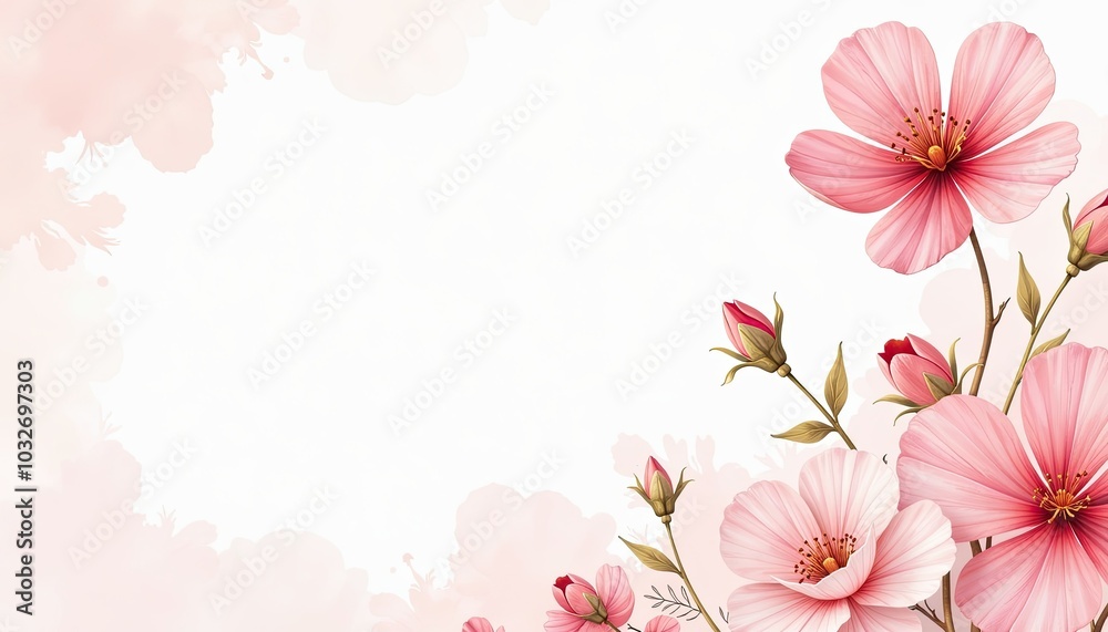 Pale pink and gold floral design on white background Delicate watercolor flower backdrop for soft and charming greeting cards wedding invitations posters with ample text space.
