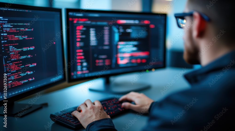 Man coding on multiple computer screens in dark room. Man coding on multiple computer screens in dark room.