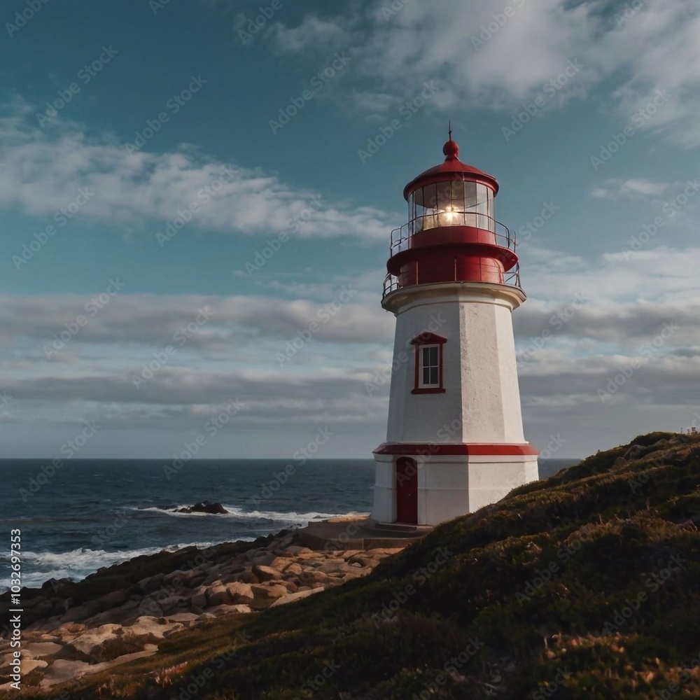 A tall marine lighthouse building on the coast. Navigator for naval ships. A tall marine lighthouse building on the coast. Navigator for naval ships.