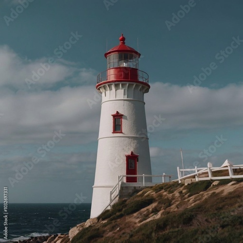 A tall marine lighthouse building on the coast. Navigator for naval ships.