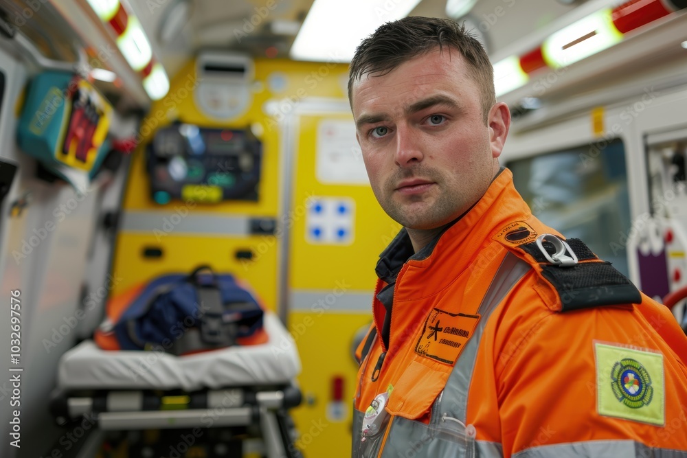 Paramedic in Ambulance: Emergency Readiness with Medical Stretcher and Equipment Paramedic in Ambulance: Emergency Readiness with Medical Stretcher and Equipment