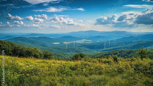 panoramic view of the blue ridge mountains and wind turbines