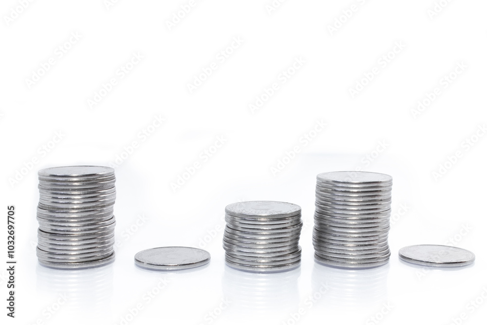 Business money graph coins on white background Business money graph coins on white background