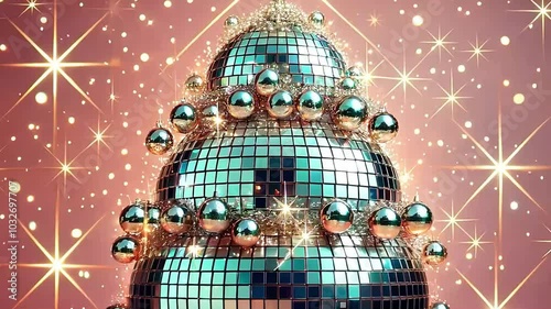 Shiny Christmas tree made of reflective disco balls, surrounded by sparkling decorations and lights


