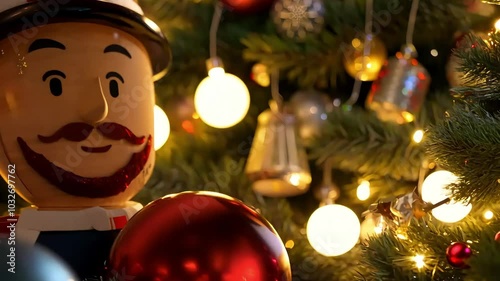 Festive nutcracker figure next to a decorated Christmas tree, glowing lights and warm atmosphere