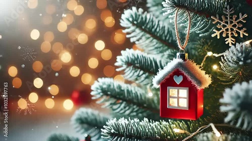 Cozy winter scene with a red house ornament hanging on a snow-covered Christmas tree branch, soft bokeh lights in the background. retro Christmas toy