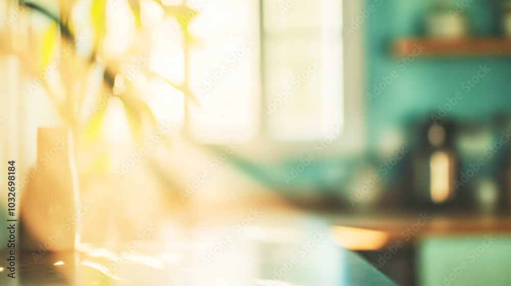 Soft morning light in a calming kitchen with blurred colors and gentle shadows