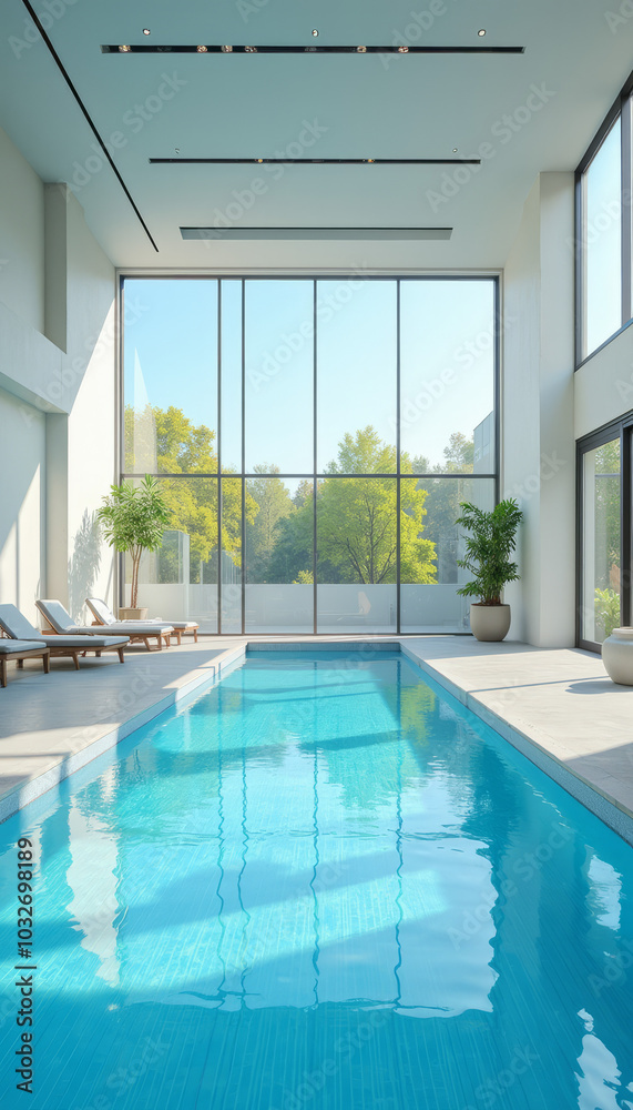 Fototapeta premium Indoor Swimming Pool with Large Floor-to-Ceiling Windows, Modern Home Luxury Design