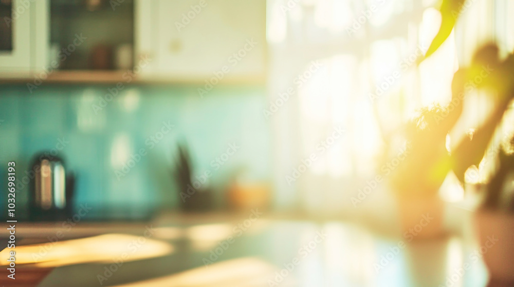 Calm morning light in a softly blurred kitchen with pastel colors and delicate shadows Calm morning light in a softly blurred kitchen with pastel colors and delicate shadows