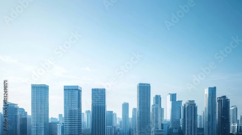 A skyline view featuring modern skyscrapers against a clear blue sky.