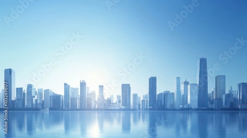 A serene city skyline reflecting on water under a clear blue sky.