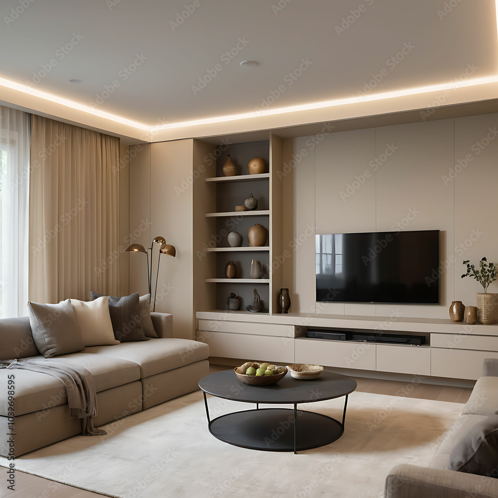 Modern Living Room with Sleek Entertainment Unit, LED Backlighting, and Minimalist Decor Accents Modern Living Room with Sleek Entertainment Unit, LED Backlighting, and Minimalist Decor Accents