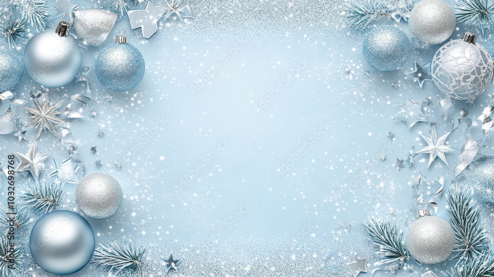A festive winter scene featuring blue and silver ornaments, snowflakes, and pine branches. A festive winter scene featuring blue and silver ornaments, snowflakes, and pine branches.