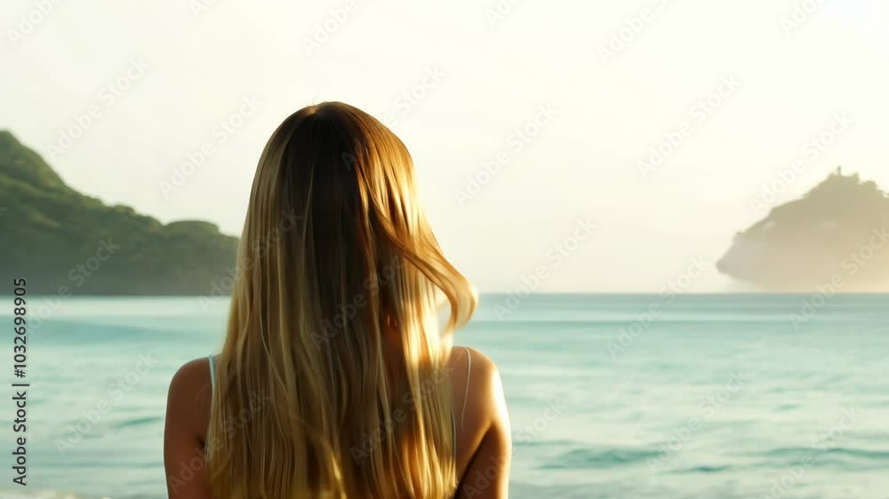 A young blonde woman with long hair stands on a beach, gazing at the ocean. A young blonde woman with long hair stands on a beach, gazing at the ocean.
