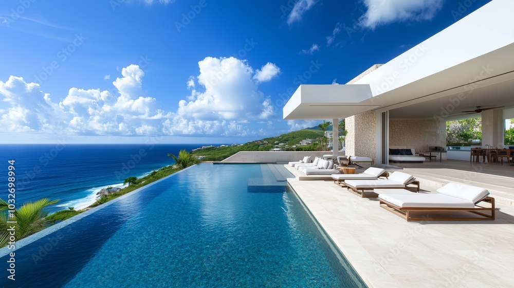 Fototapeta premium Luxurious Villa Overlooking an Infinity Pool and Ocean