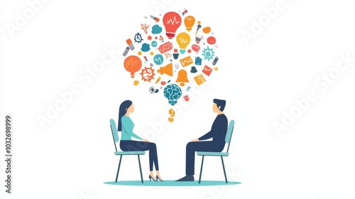 A thoughtful conversation between two individuals with creative ideas floating above, illustrating the power of dialogue.