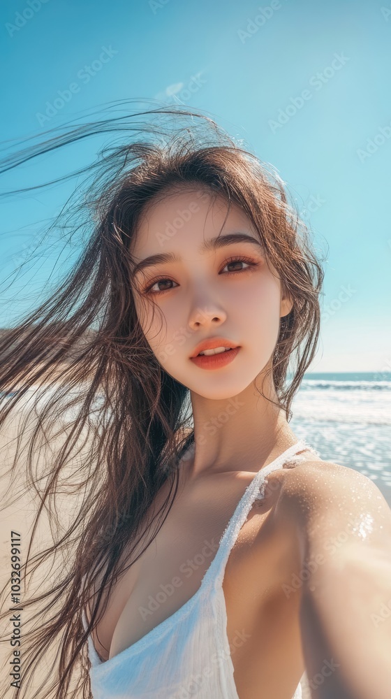 Beautiful young Asian woman taking selfie on the tropical ocean beach on sunny day. Happy female tourist at the seaside on summer vacation Beautiful young Asian woman taking selfie on the tropical ocean beach on sunny day. Happy female tourist at the seaside on summer vacation