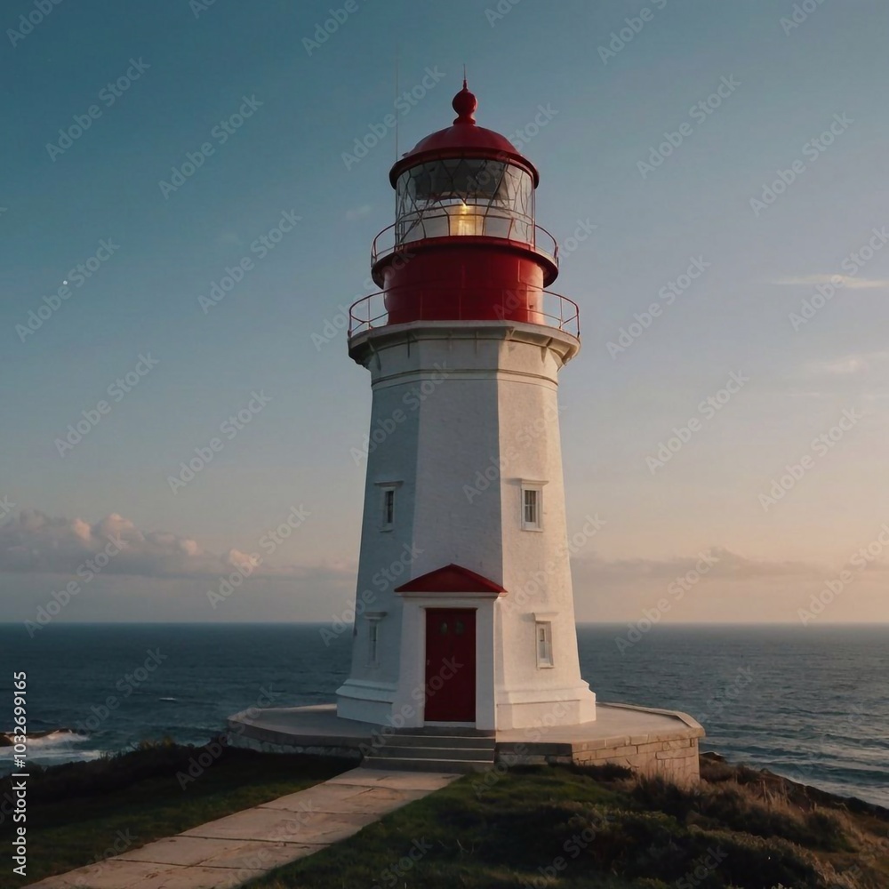 A tall marine lighthouse building on the coast. Navigator for naval ships. A tall marine lighthouse building on the coast. Navigator for naval ships.