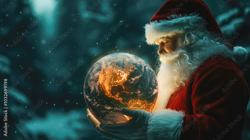 Santa claus gazing at illuminated earth globe in magical winter forest Santa claus gazing at illuminated earth globe in magical winter forest