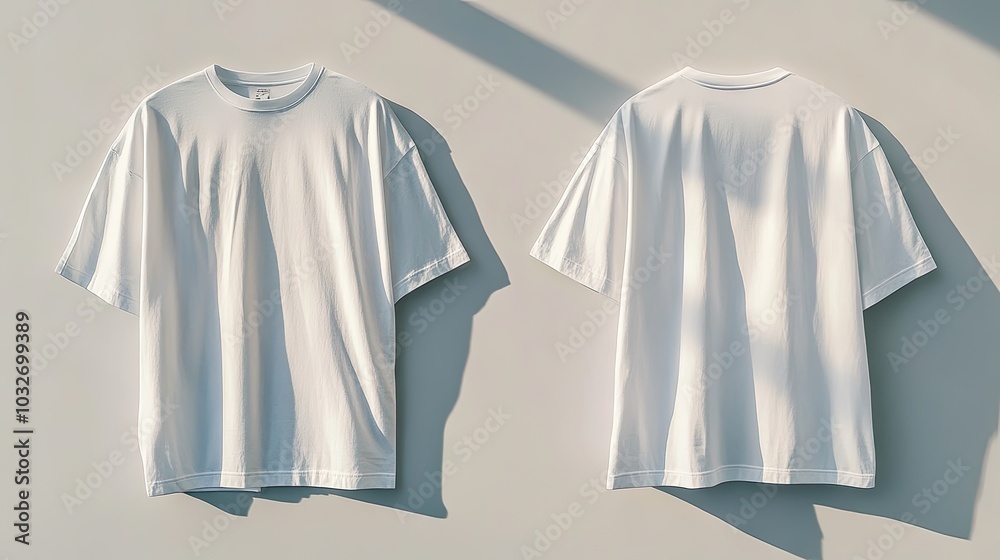 This image features a front and back view of plain white T-shirts displayed on a neutral background, ideal for mockups or showcasing minimalist fashion designs. This image features a front and back view of plain white T-shirts displayed on a neutral background, ideal for mockups or showcasing minimalist fashion designs.