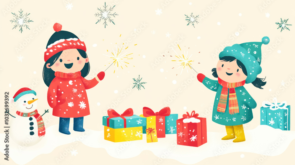 Cute cartoon characters celebrate Christmas joyfully with sparklers and presents amid a festive winter wonderland Cute cartoon characters celebrate Christmas joyfully with sparklers and presents amid a festive winter wonderland